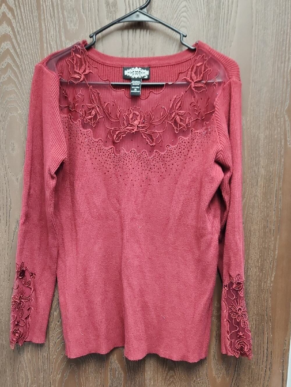 Women's Red Embroidered Long-Sleeve Top with Sheer Yoke